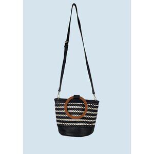 Shiraleah Black & White Woven Leather Bucket Bag Wooden Handle, Removable Strap
